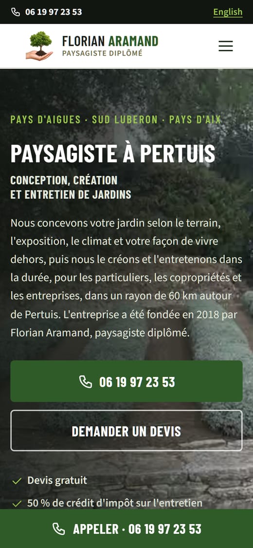 Page d'accueil de aramand-paysagiste.fr sur mobile