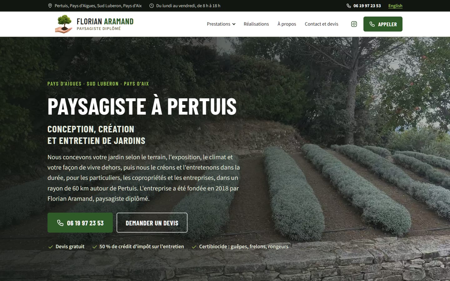 Page d'accueil de aramand-paysagiste.fr sur ordinateur