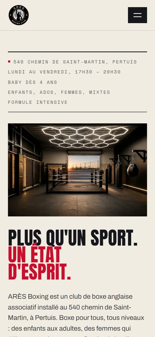 Page d'accueil de ares-boxing-club.fr sur mobile